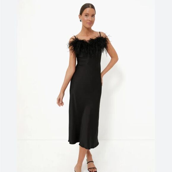 NWT SLEEPER Boheme Feather-trimmed Slip Dress in Ecovero Black $350 - Picture 6 of 9